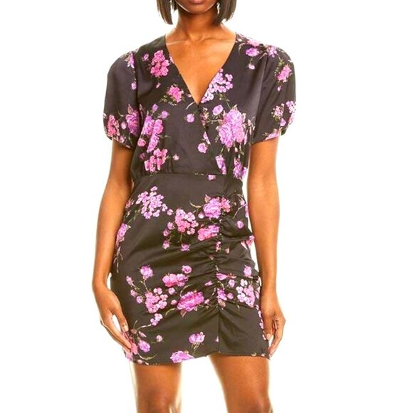 Leyden‎ Dress Mini Short Ruched Wrap Purple Black Floral Puffed Sleeve Satin M - Picture 1 of 15